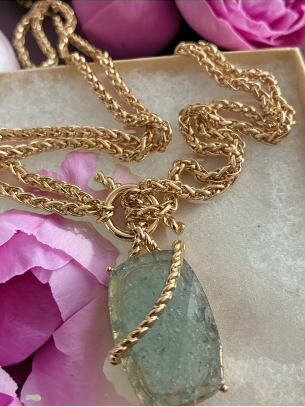 Natasha Couture Gold-Tone Rope Chain with Pale Green Pendant